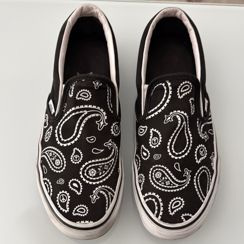 VANS Black and White Paisley Slip-On Shoes